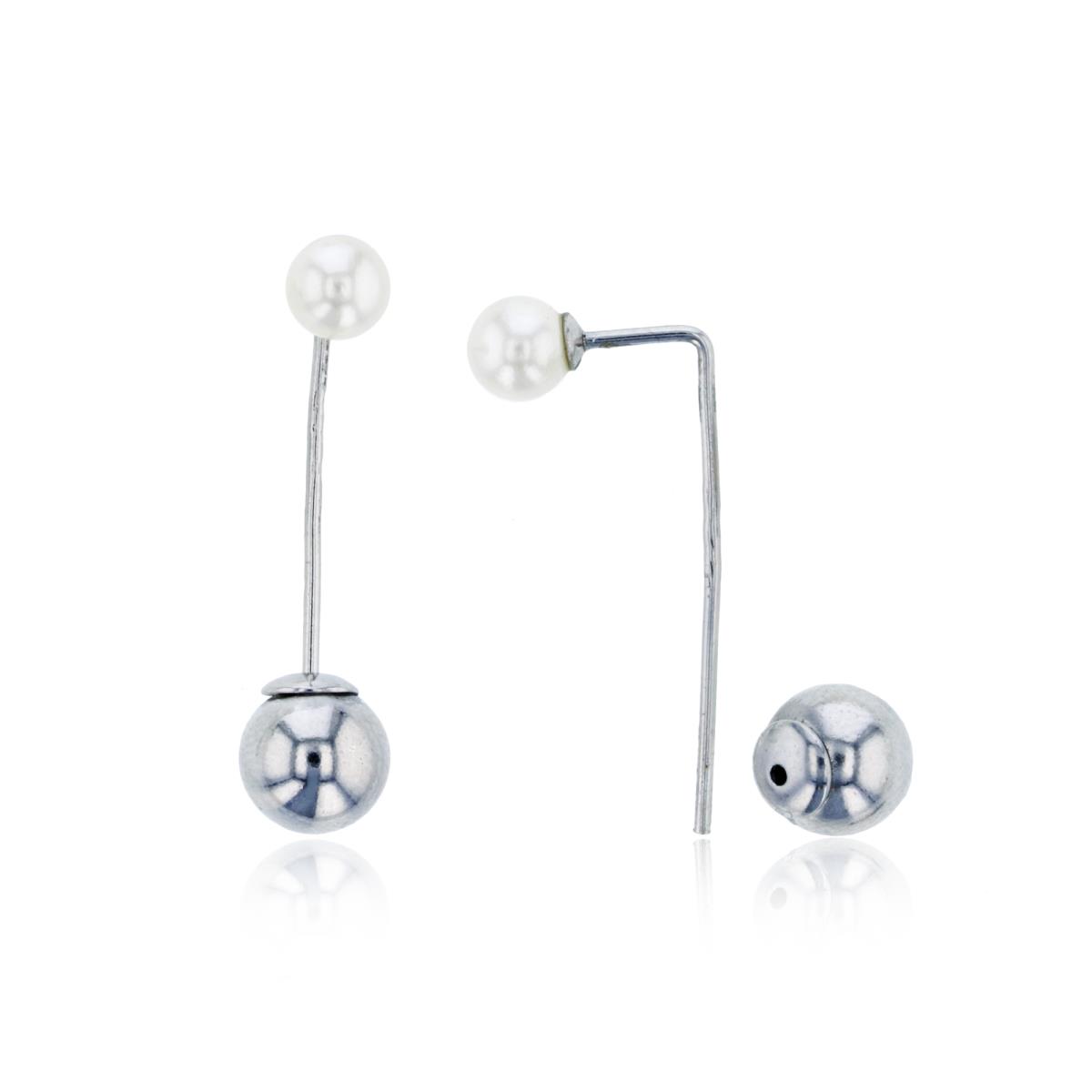 Sterling Silver Rhodium 5mm Rnd Fresh Water Pearl Top & 8mm Polished Ball on Wired Dangling Earring