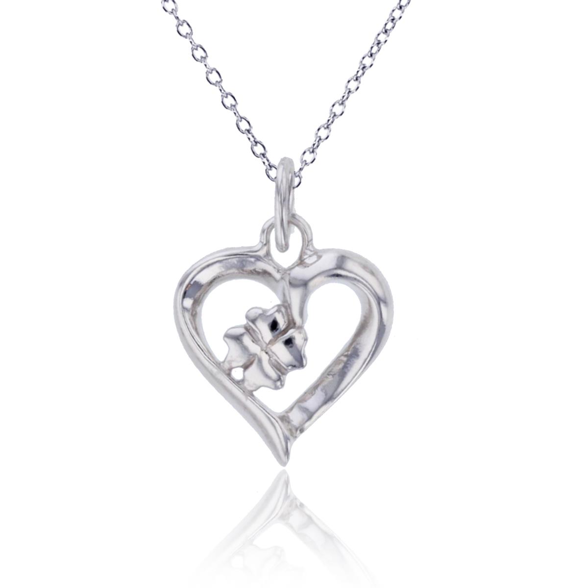 Sterling Silver Rhodium Open Heart with Flower 18"Necklace