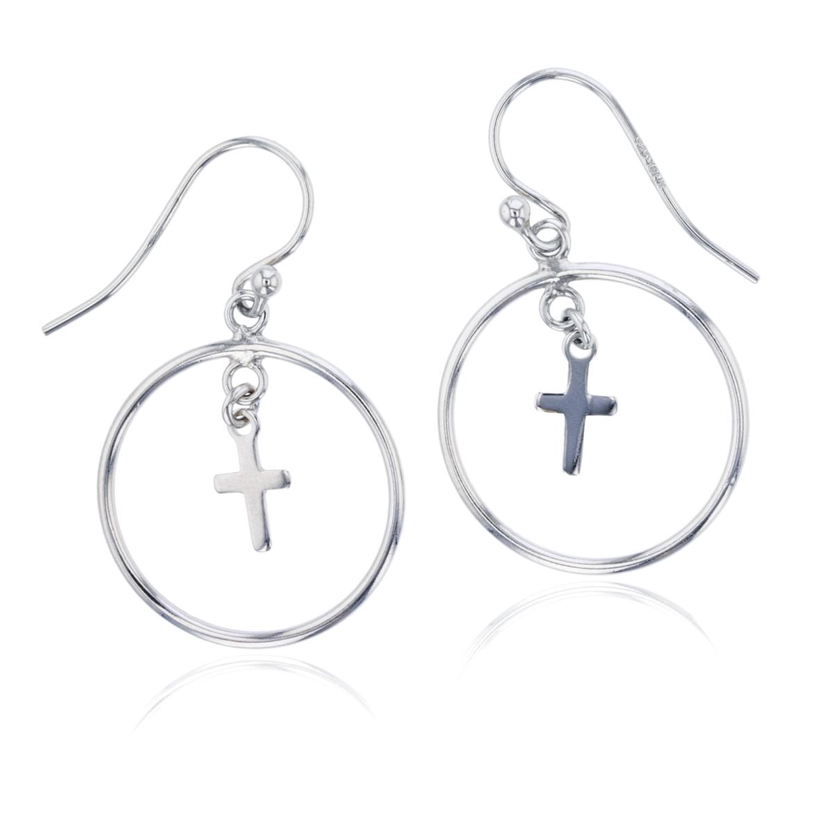 Sterling Silver Rhodium Open Circle with Dangling Cross Earring