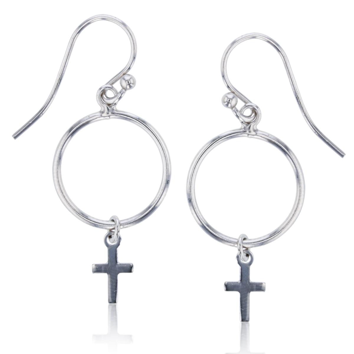 Sterling Silver Rhodium Open Circle with Dangling Cross Earring