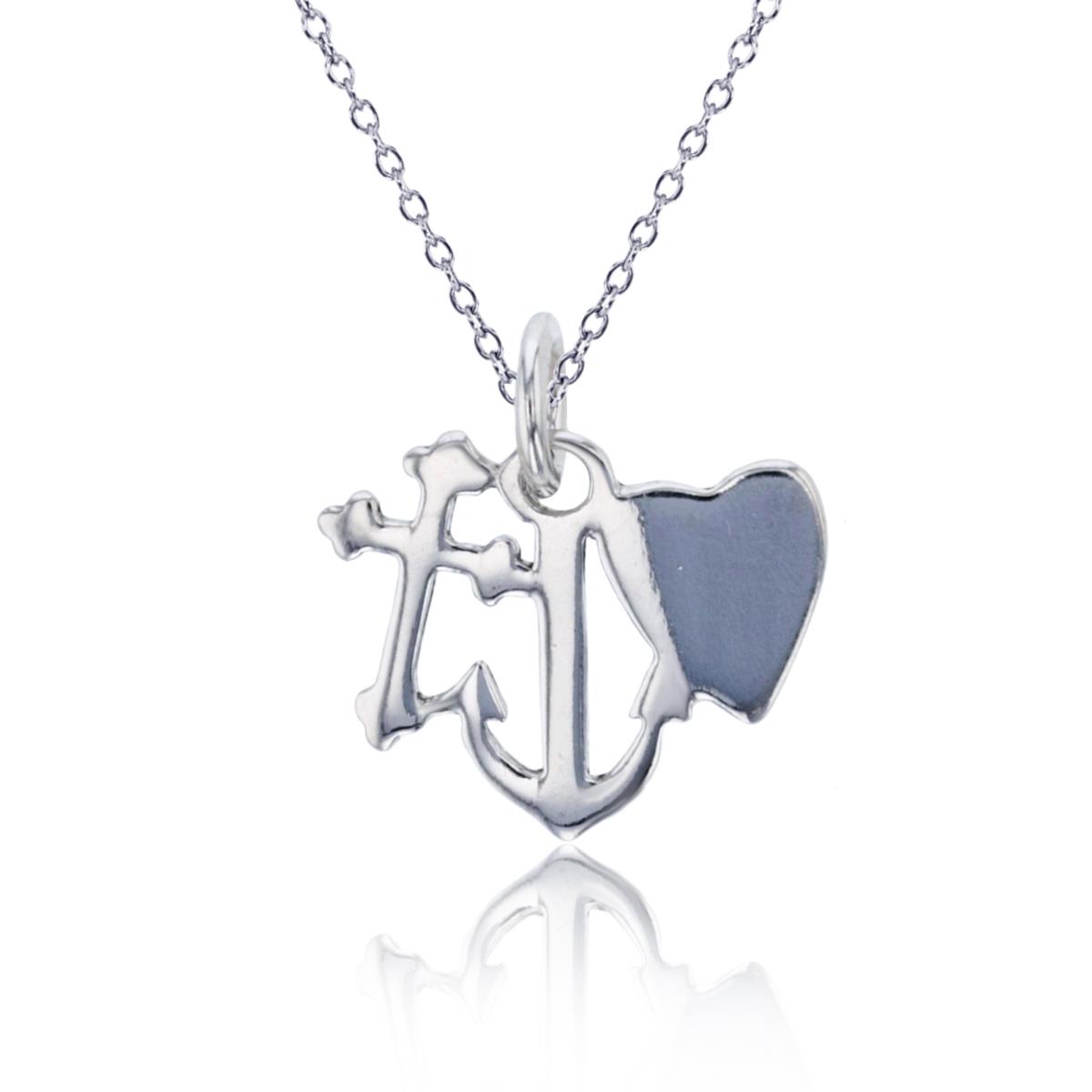 Sterling Silver Rhodium Split  Anchor/ Cross/ Heart 18"Necklace