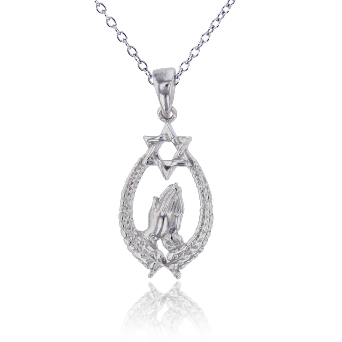 Sterling Silver Rhodium Polished & Textured Praying Hands/ David Star 18"Necklace
