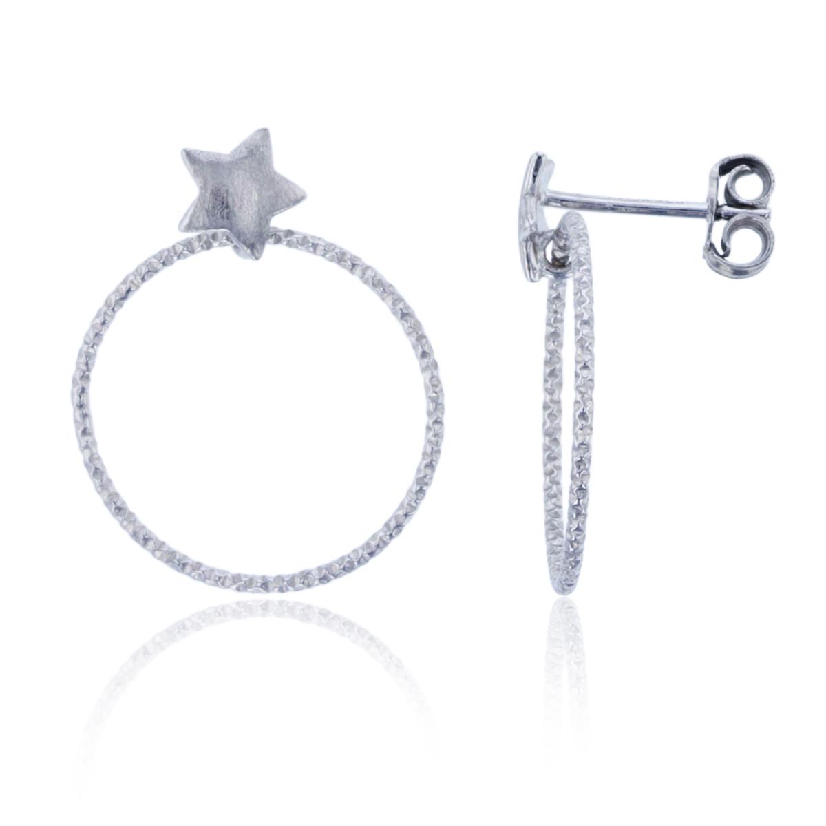 Sterling Silver Rhodium Satin Star on Movable Open DC Circle Dangling Earring