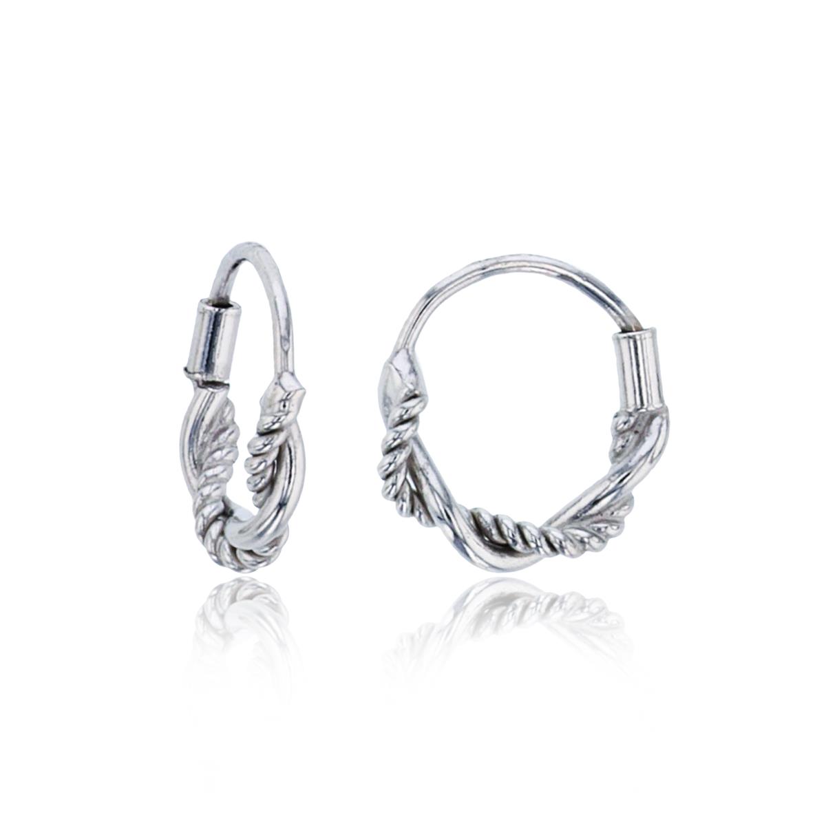 Sterling Silver Rhodium Textured & Polished Roped Wired 10mm Huggie Earring
