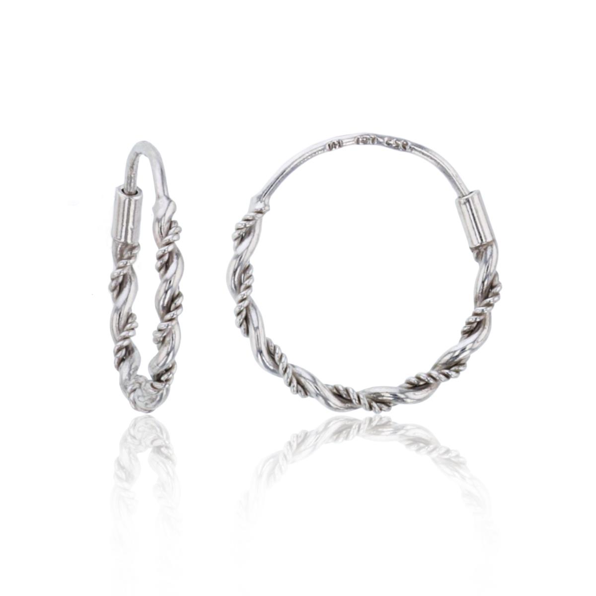 Sterling Silver Rhodium Textured & Polished Roped Wired 14mm Huggie Earring
