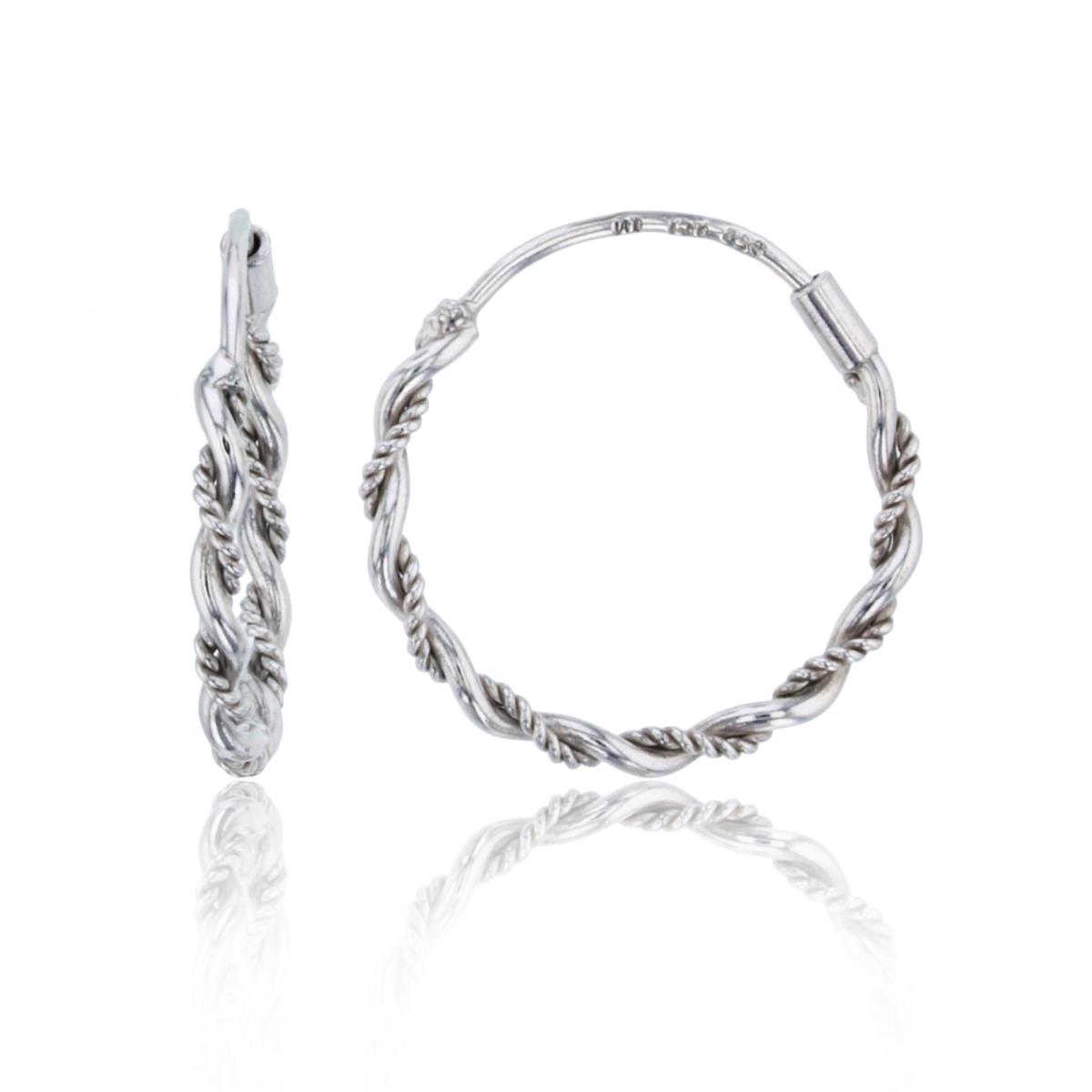 Sterling Silver Rhodium Textured & Polished Roped Wired 16mm Huggie Earring