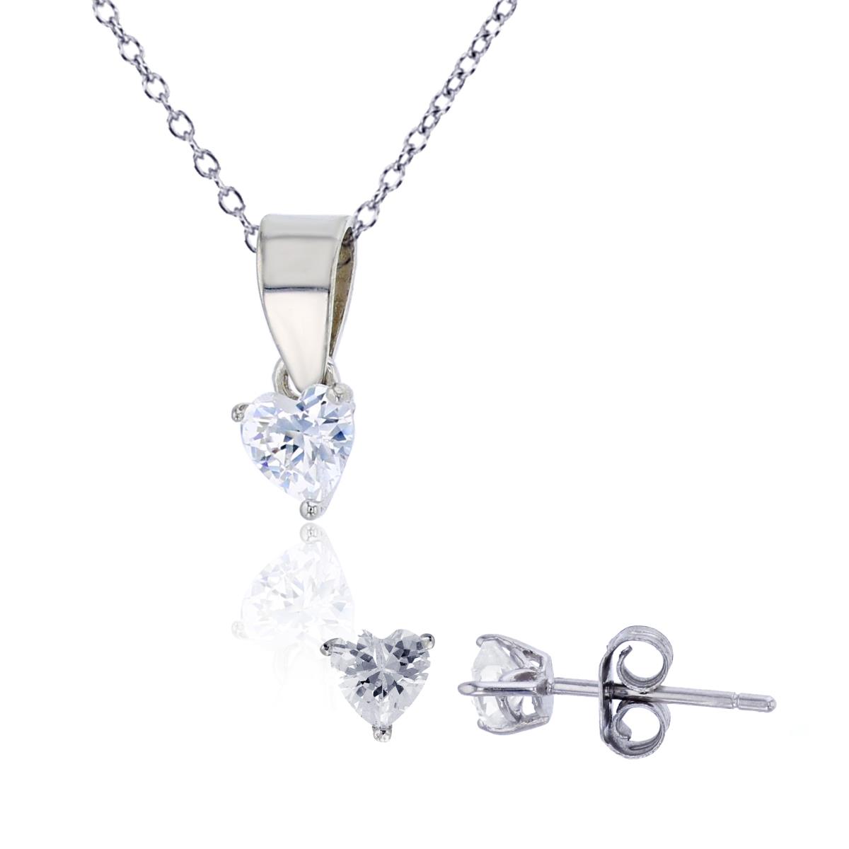 Sterling Silver Rhodium 5mm Heart Solitaire 13"+2" Necklace & 4mm Solitaire Stud Earring Set