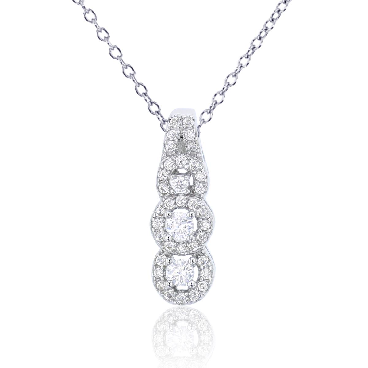 Sterling Silver Rhodium 3-Stone Pave Halo 18" Necklace