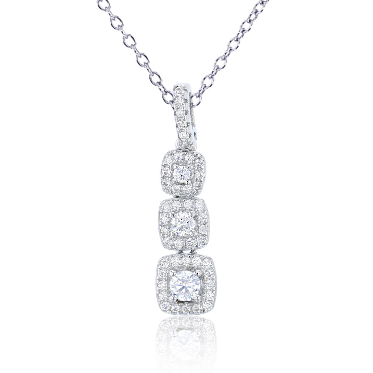 Sterling Silver Rhodium 3-Stone Pave Halo Dangling 18" Necklace