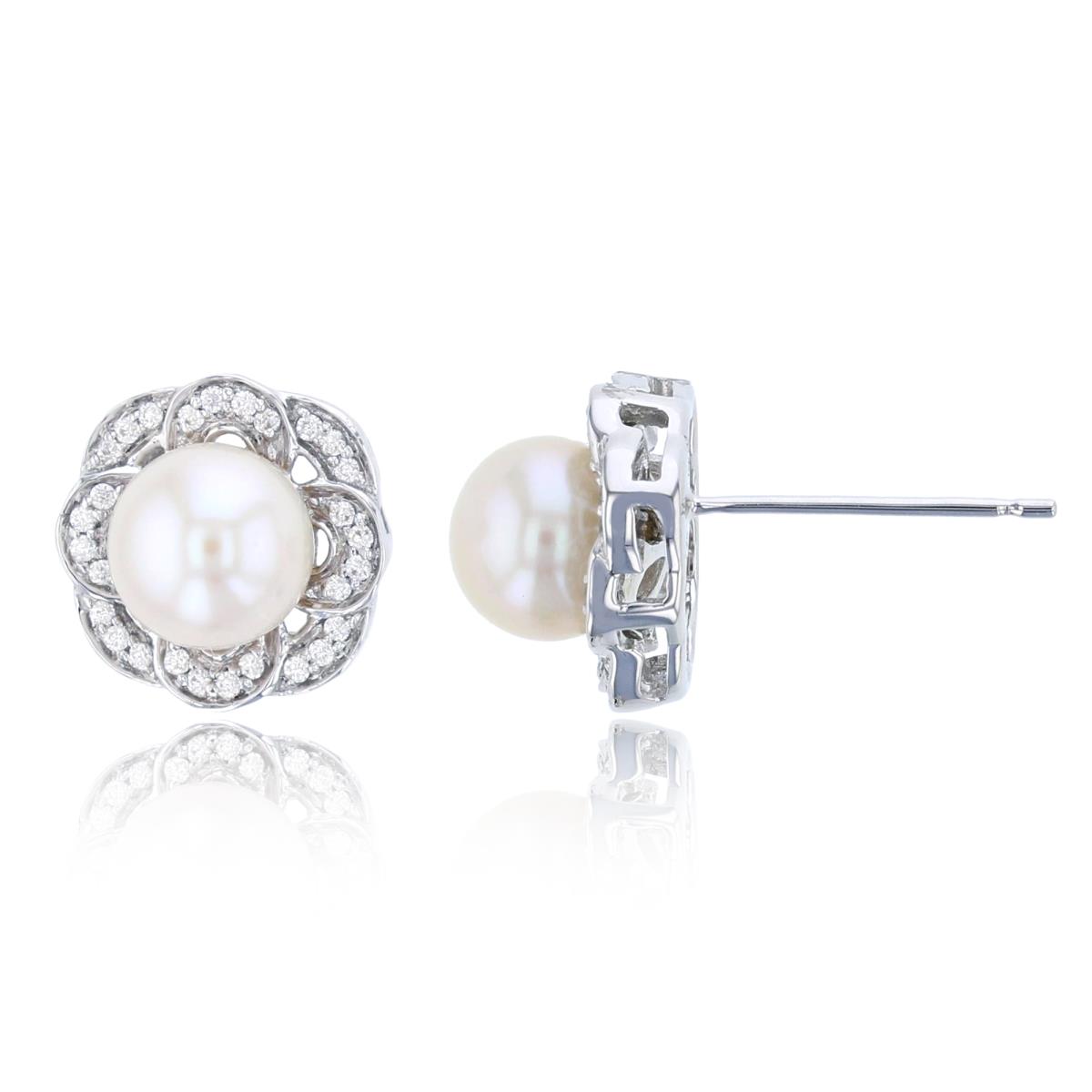 ESTIMATED-Sterling Silver Rhodium 0.03 CTTW Rnd Diamonds & 6mm Rnd Pearl Stud Earring