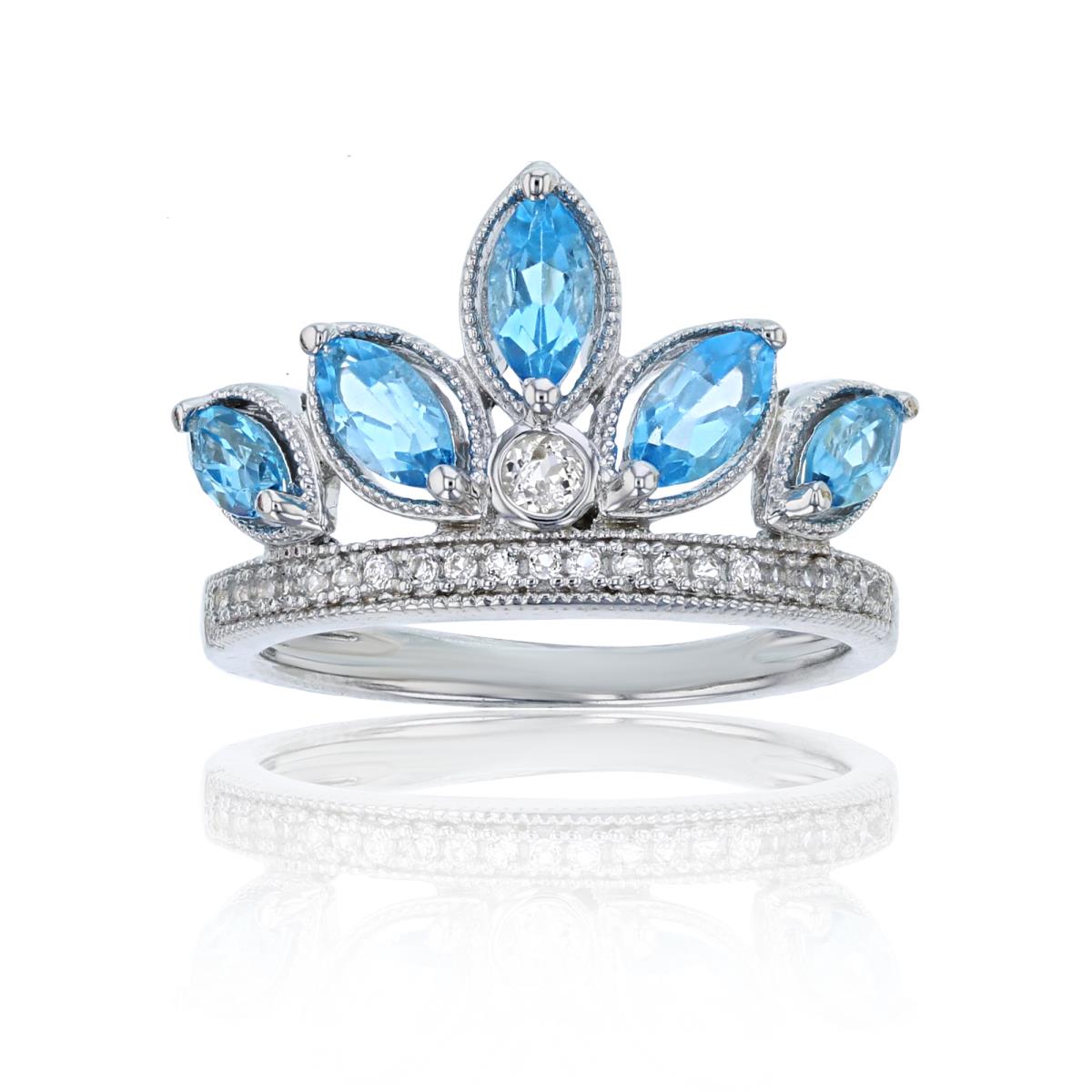 Sterling Silver Rhodium MQ Swiss Blue Topaz & Cr White Sapphire Crown Milgrain Ring