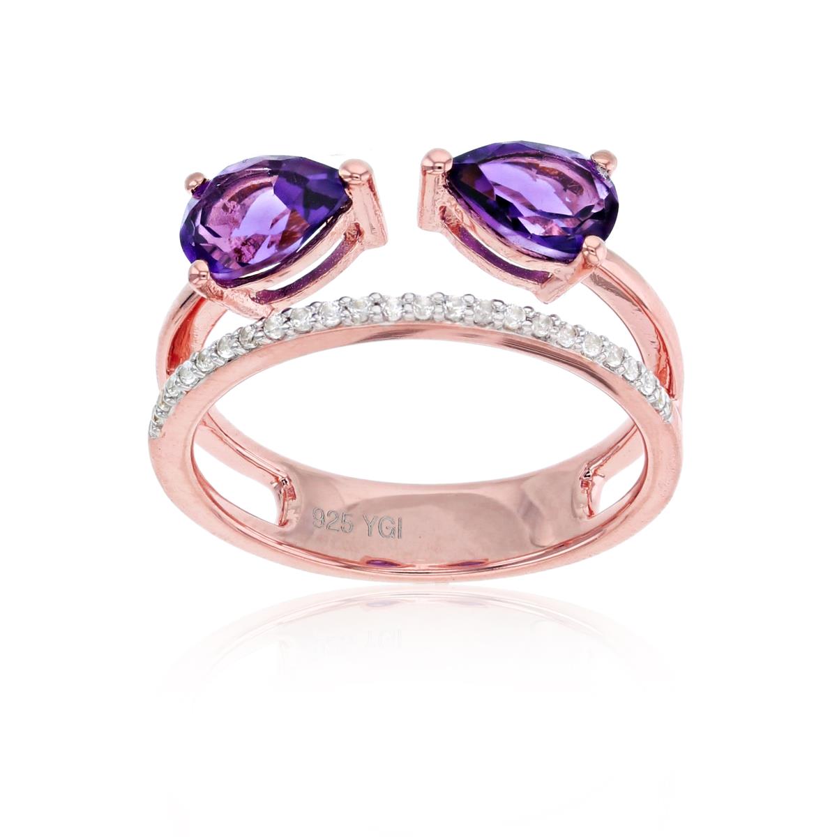 ESTIMATED-Sterling Silver Rose 7X5mm PS Amethyst & Rnd Created White Sapphire Bypass Ring