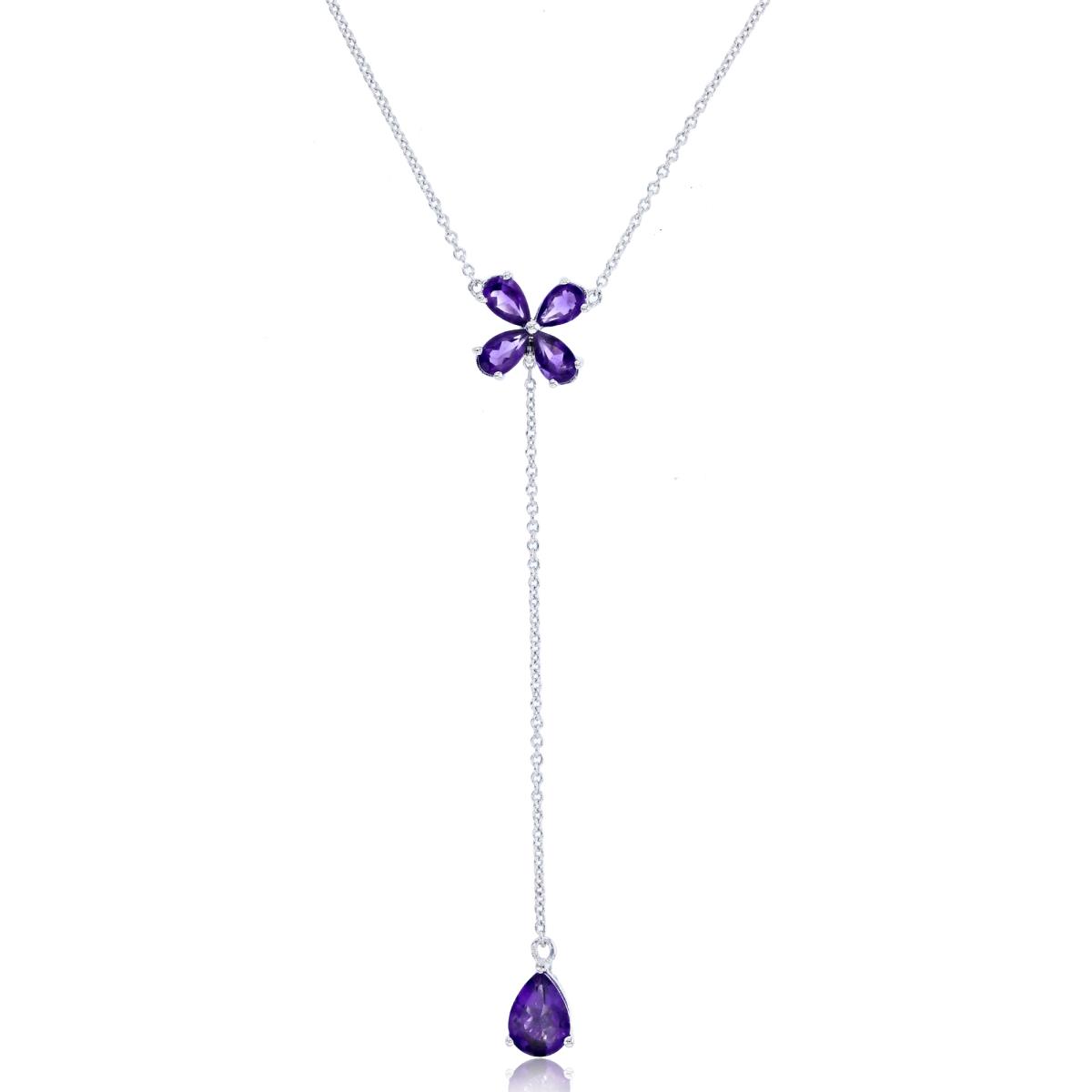 ESTIMATED-Sterling Silver Rhodium Amethyst Pear Shape 4X4.5mm /5X3mm Flower & Dangling Drop 16"+2"ext Necklace
