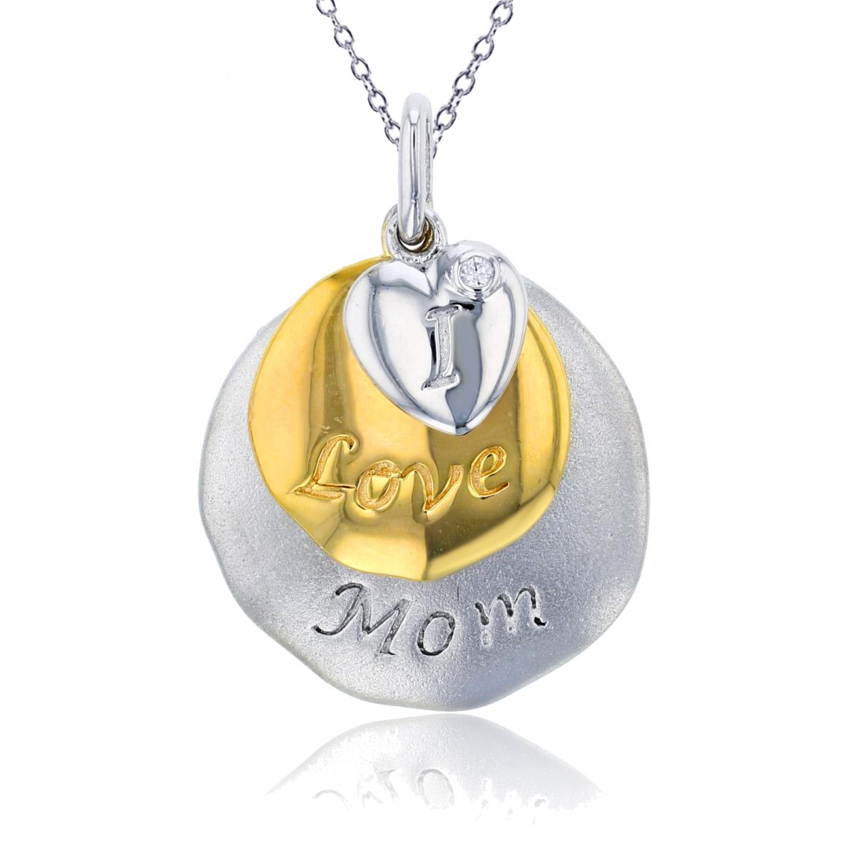Sterling Silver Two-Tone  Created White Sapphire "I Love Mom" 2-Circles/Heart 18"Necklace