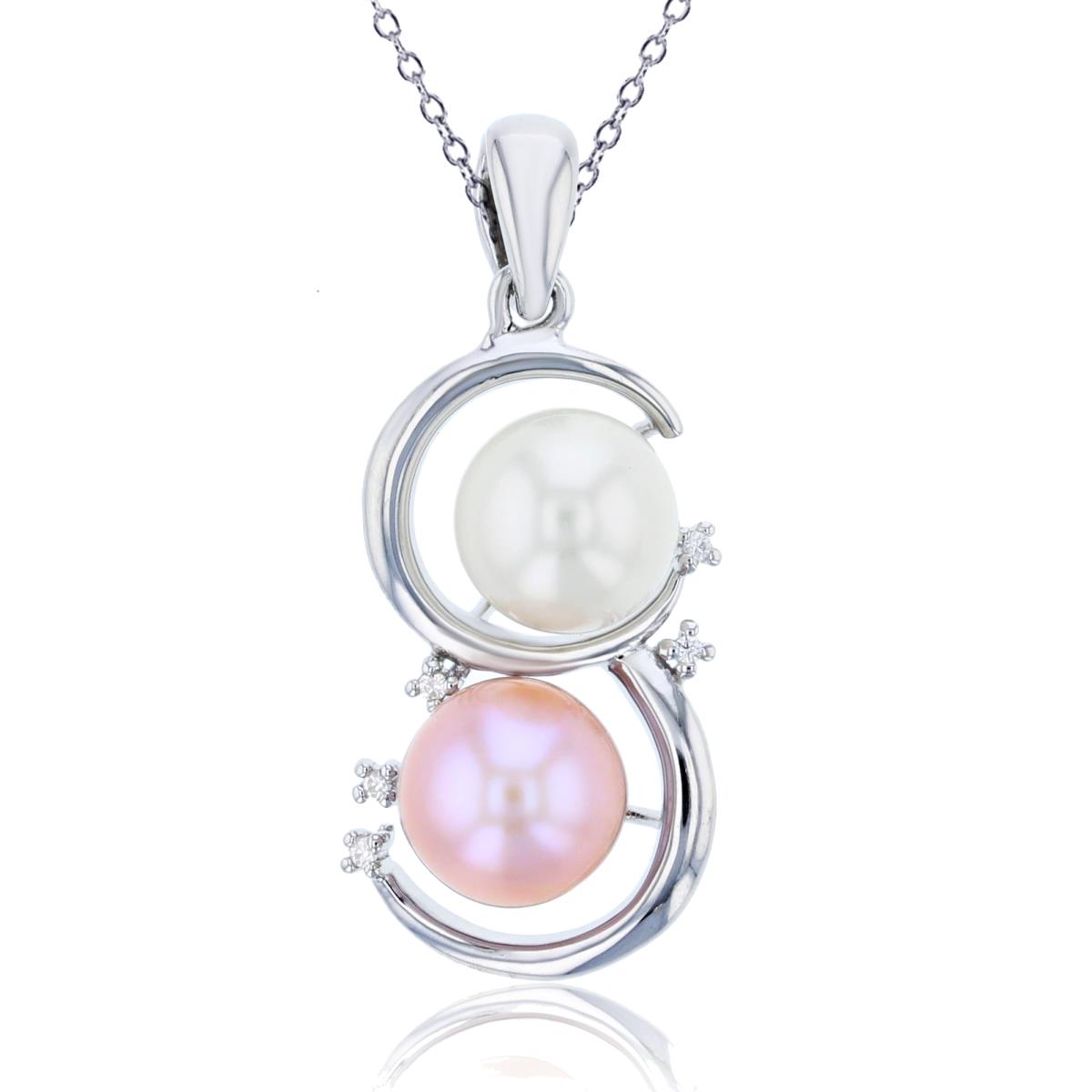 ESTIMATED-Sterling Silver Rhodium Rnd CZ & 7mm Rd White/Pink Pearl 18"Necklace