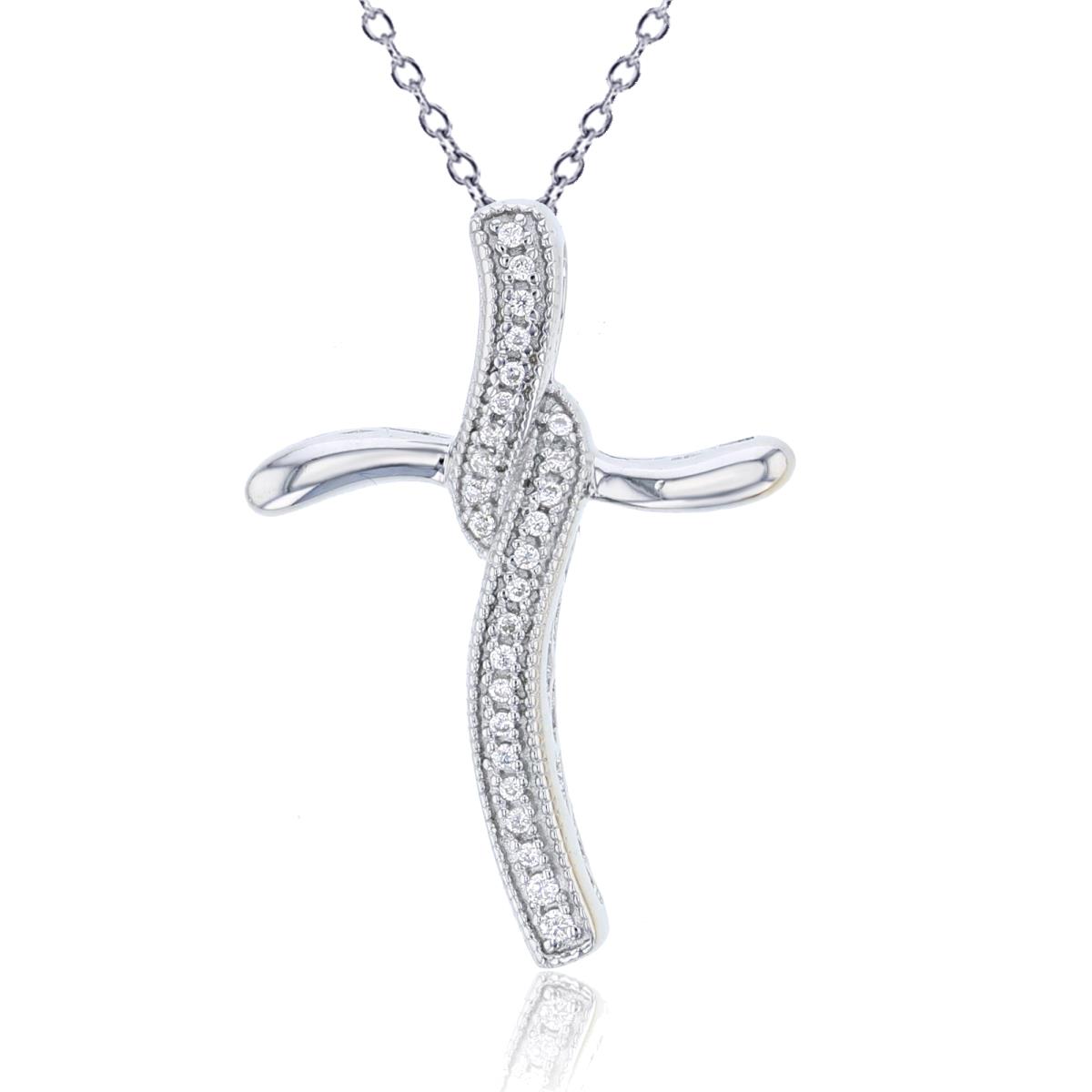 ESTIMATED-Sterling Silver Rhodium 0.06 CTTW Rnd Diam Micropaved Milgrain Cross 18" Necklace