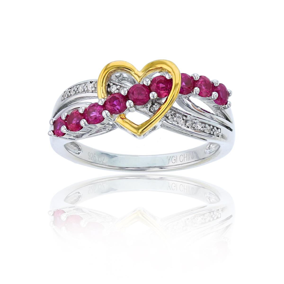 ESTIMATED-Sterling Silver Yellow & White Rnd CZ & Cr Ruby Criss/Cross Heart  Ring