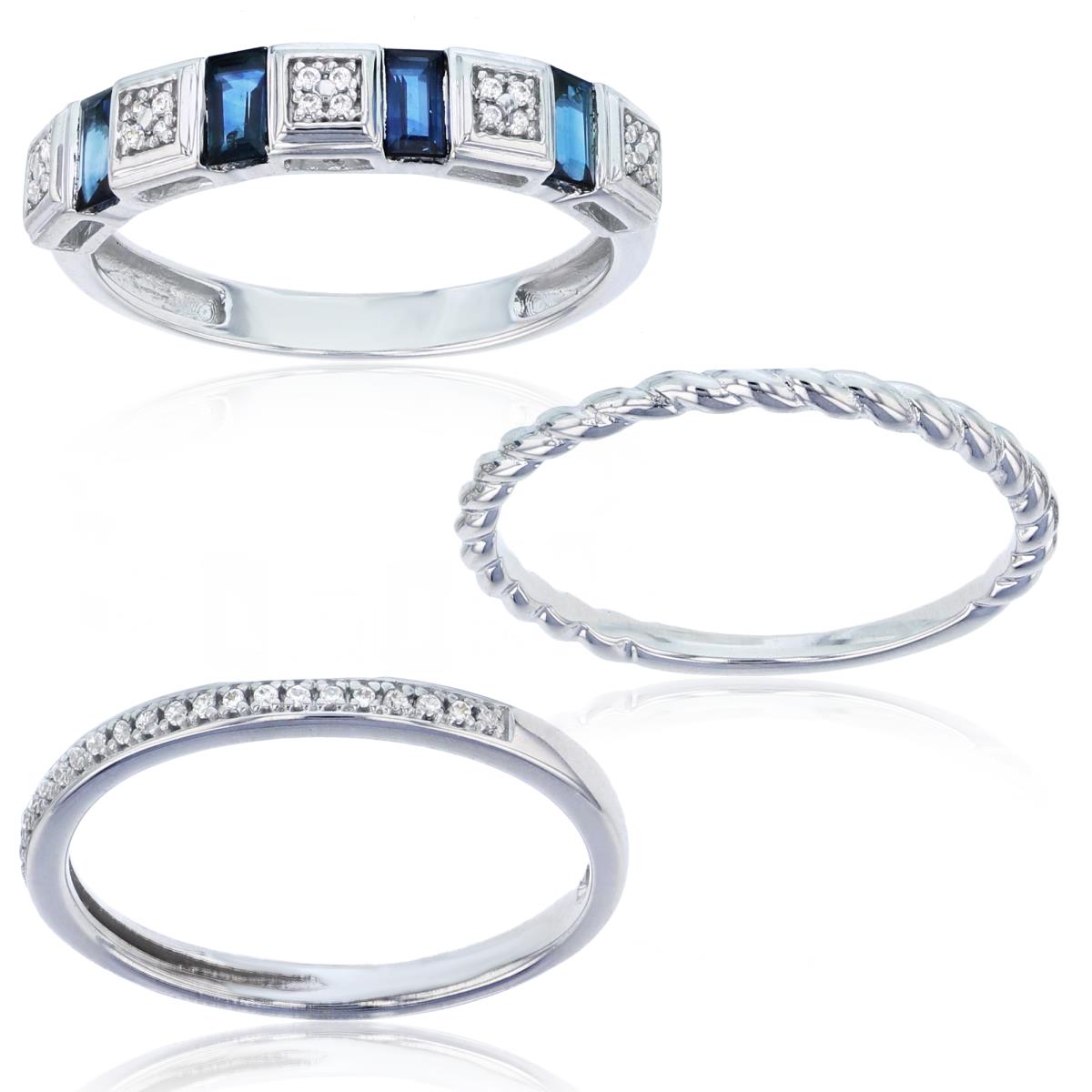 ESTIMATED-Sterling Silver Rhodium Rnd CZ & 4X2 SB Created Blue Sapphire 3-Stackable Ring
