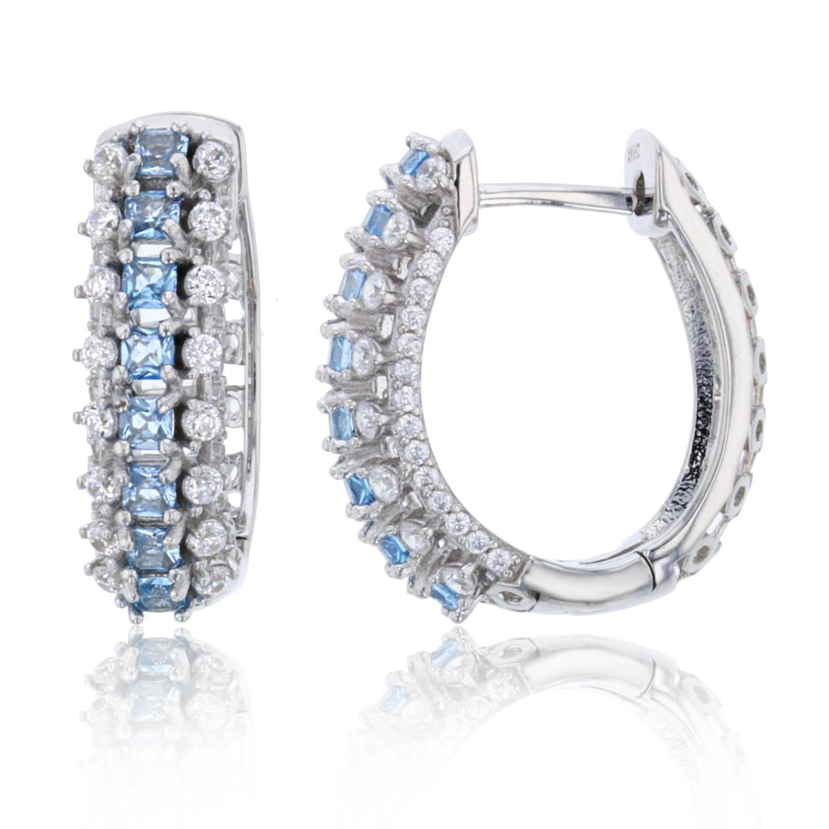 Sterling Silver Rhodium 2mm Princess #119 Blue CZ & Rnd White on Side 20X5.5mm Oval Puffy Huggie Earring