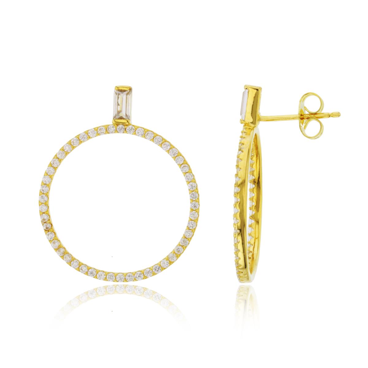 Sterling Silver +1Micron Yellow Gold SB White CZ Top & Rnd White CZ Open Dangling Circle Earring