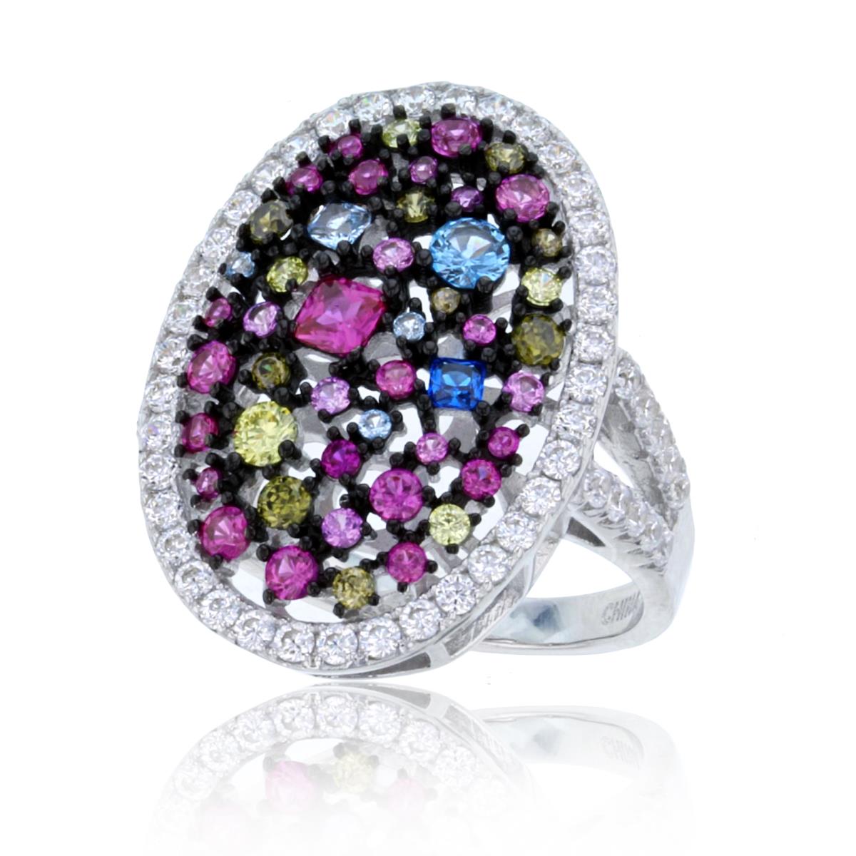Sterling Silver Two-Tone PR & Rnd Multicolor CZ Scattered Multirow Oval Ring