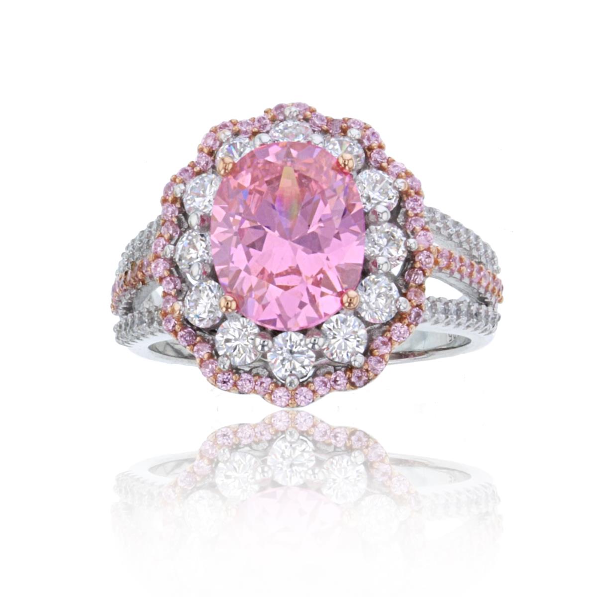 Sterling Silver Two-Tone 10x8mm Ov Pink CZ Center & Rnd White/Pink CZ Halo Ring