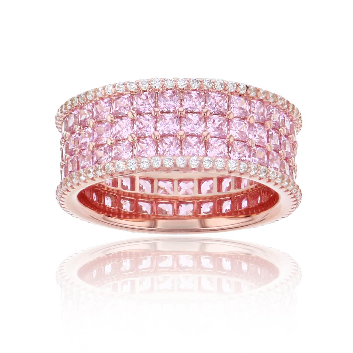 Sterling Silver Rose 1-Micron Pink Princess & White Rd Cut CZ Eternity Ring