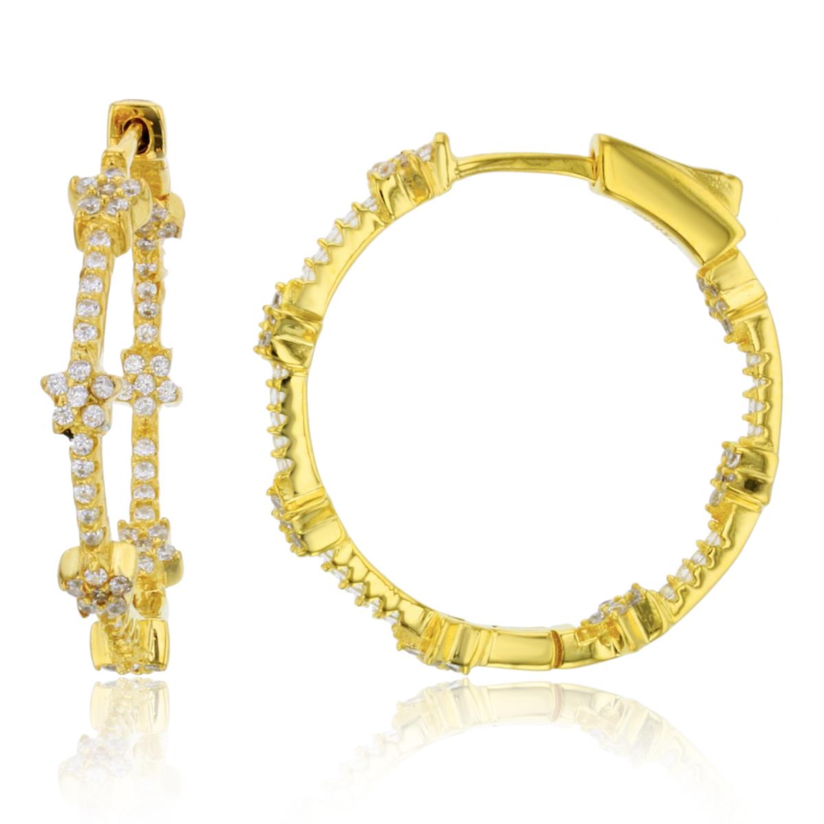 Sterling Silver+1Micron Yellow Gold Rnd White CZ Flowers on 25x3.5mm Hoop Earring