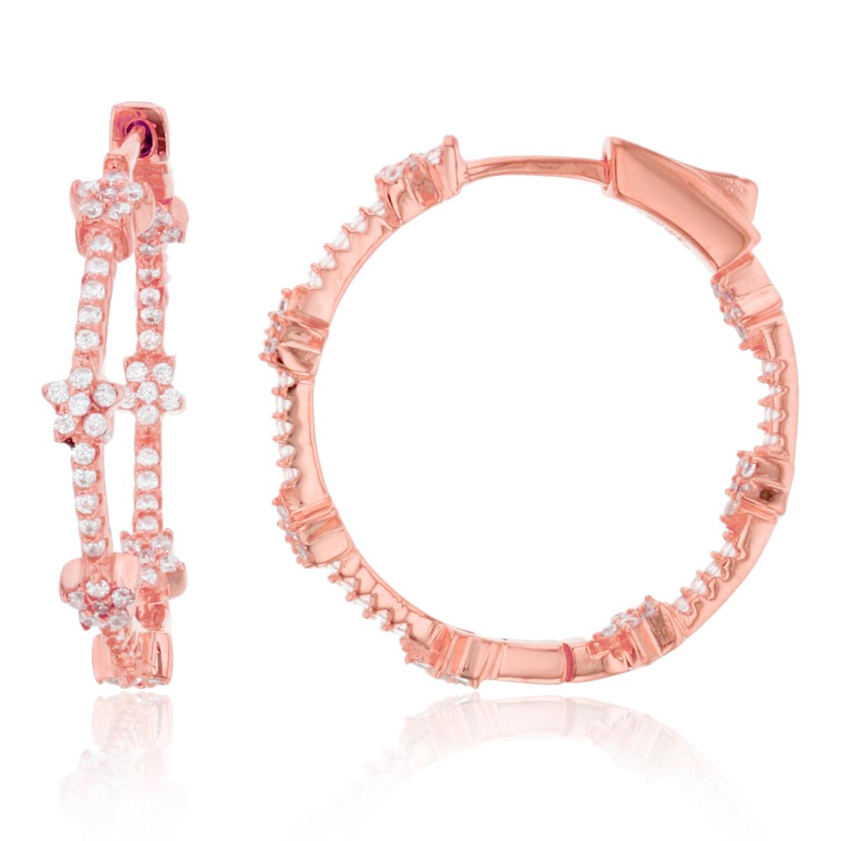 Sterling Silver+1Micron Rose Gold Rnd White CZ Flowers on 25x3.5mm Hoop Earring