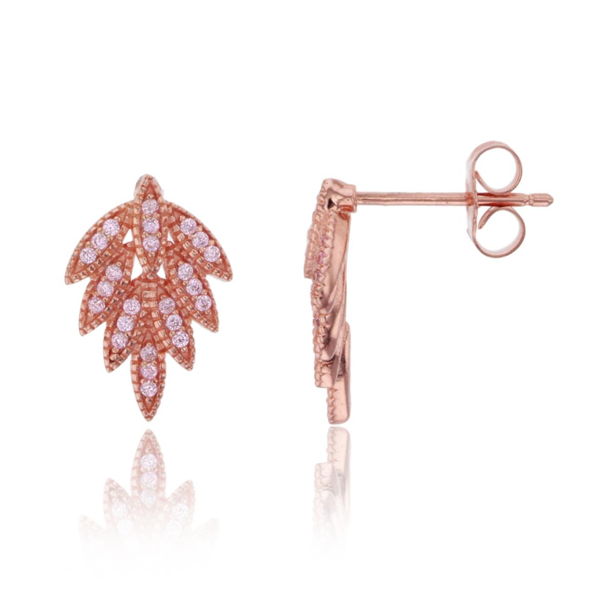 Sterling Silver+1Micron Rose Gold Rnd Pink CZ Millgrain Paved Leaves Earrings