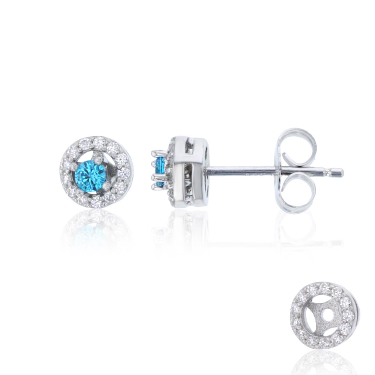 Sterling Silver Rhodium Rnd White & Blue Topaz CZ Solitaire Studs with Jacket