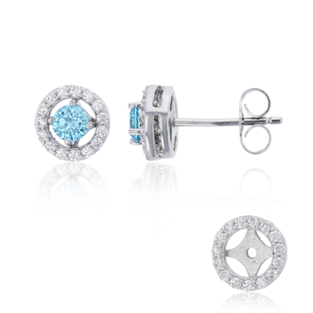Sterling Silver Rhodium Rnd White & 3.75mm Rnd Blue Topaz CZ Solitaire Studs with Jacket