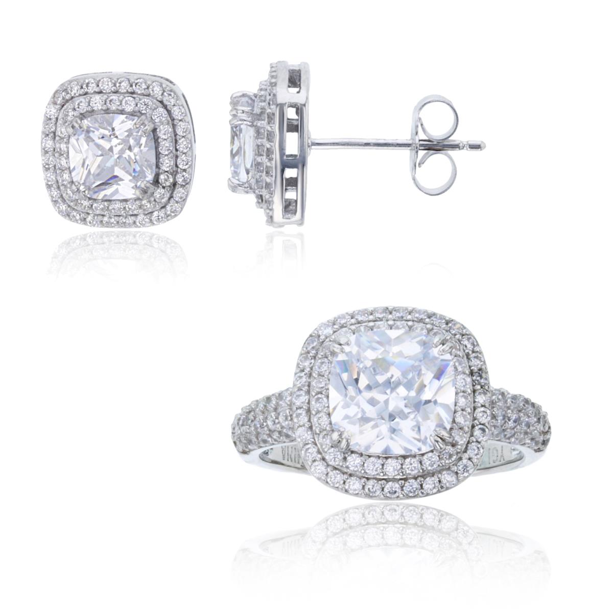 Sterling Silver Rhodium Cushion Cut CZ Double Halo Ring & Stud Earring Set