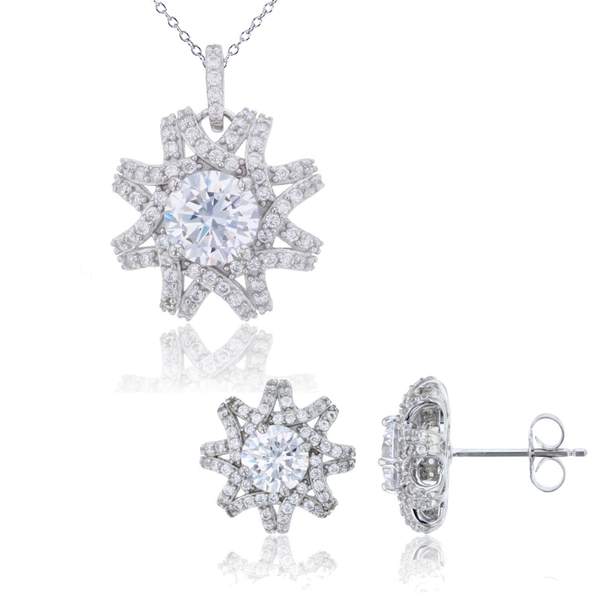 Sterling Silver Rhodium 8mm Rnd White CZ Knot Flower 18" Necklace & Earring Set