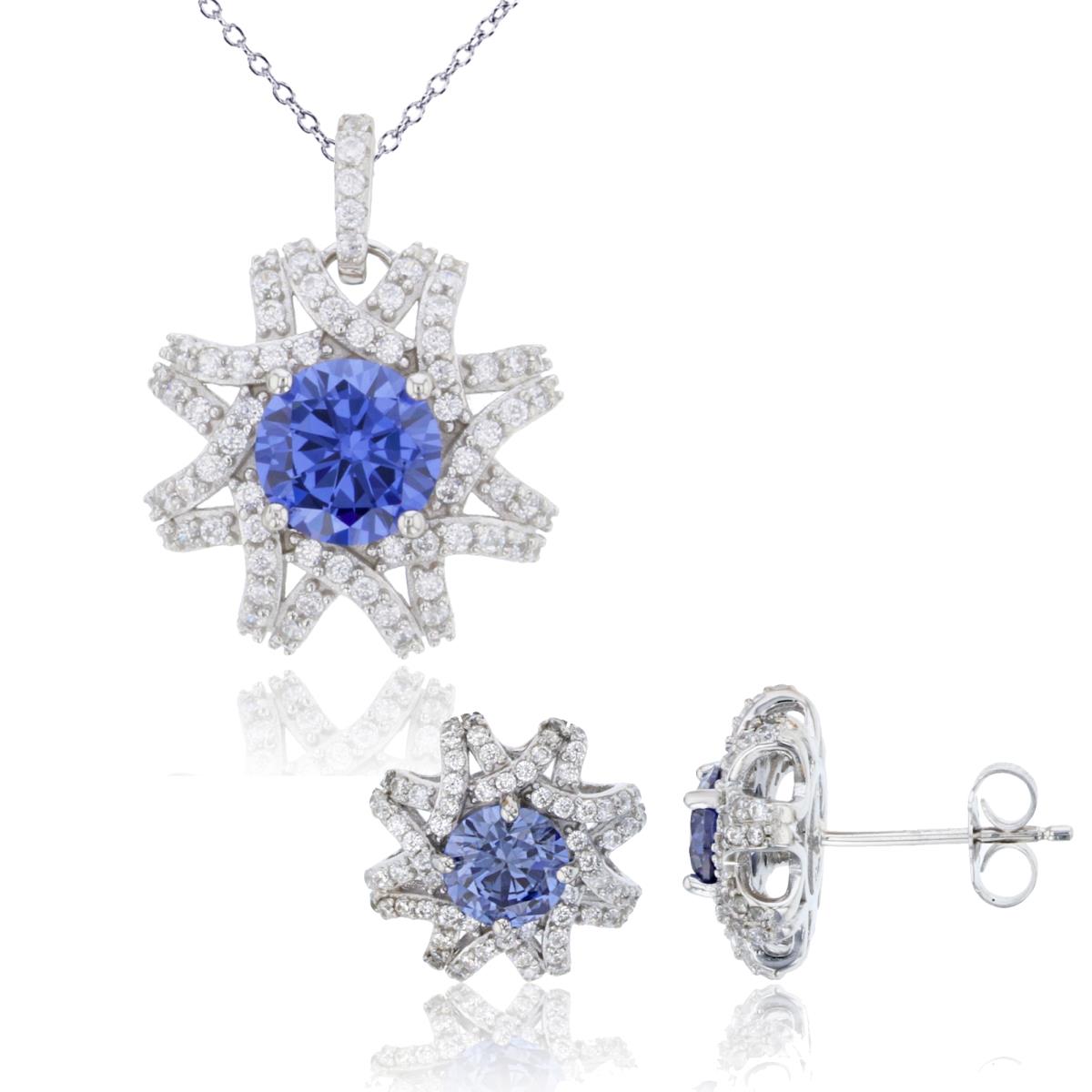 Sterling Silver Rhodium 8mm Rnd Tanzanite CZ Knot Flower 18" Necklace & Earring Set