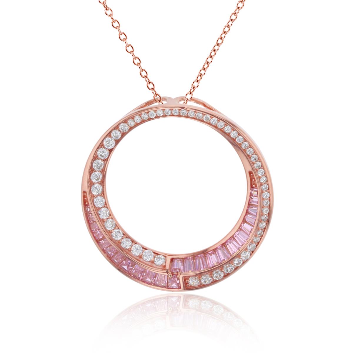 Sterling Silver 1Micron Rose Gold Rnd White & TB/SB Pink CZ Interpass Rows Open Circle 18" Necklace