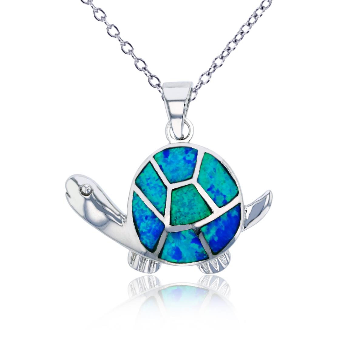Sterling Silver Rhodium Created Blue Opal Tortoise 18"+2" Necklace