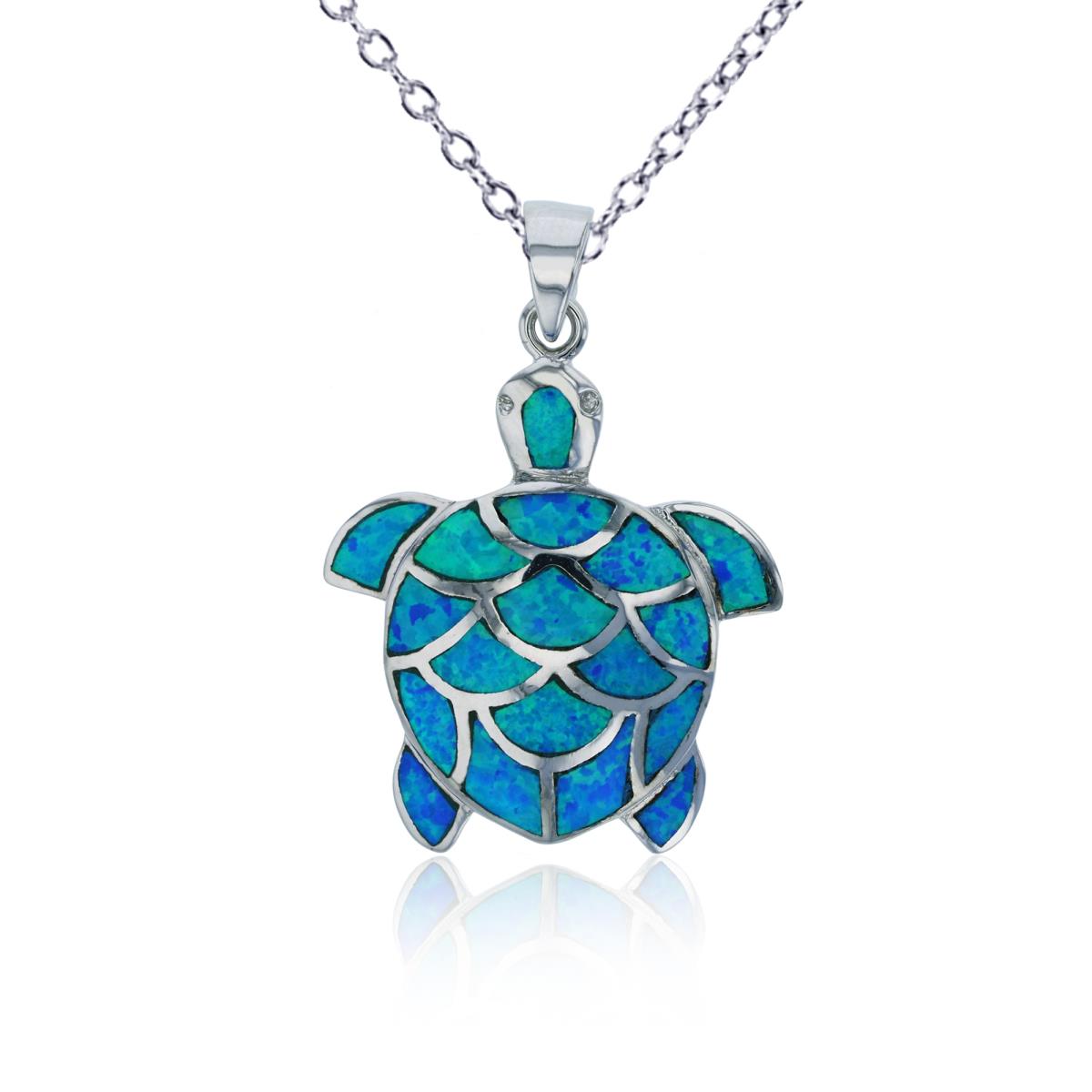 Sterling Silver Rhodium Created Blue Opal Turtle 18"+2" Necklace