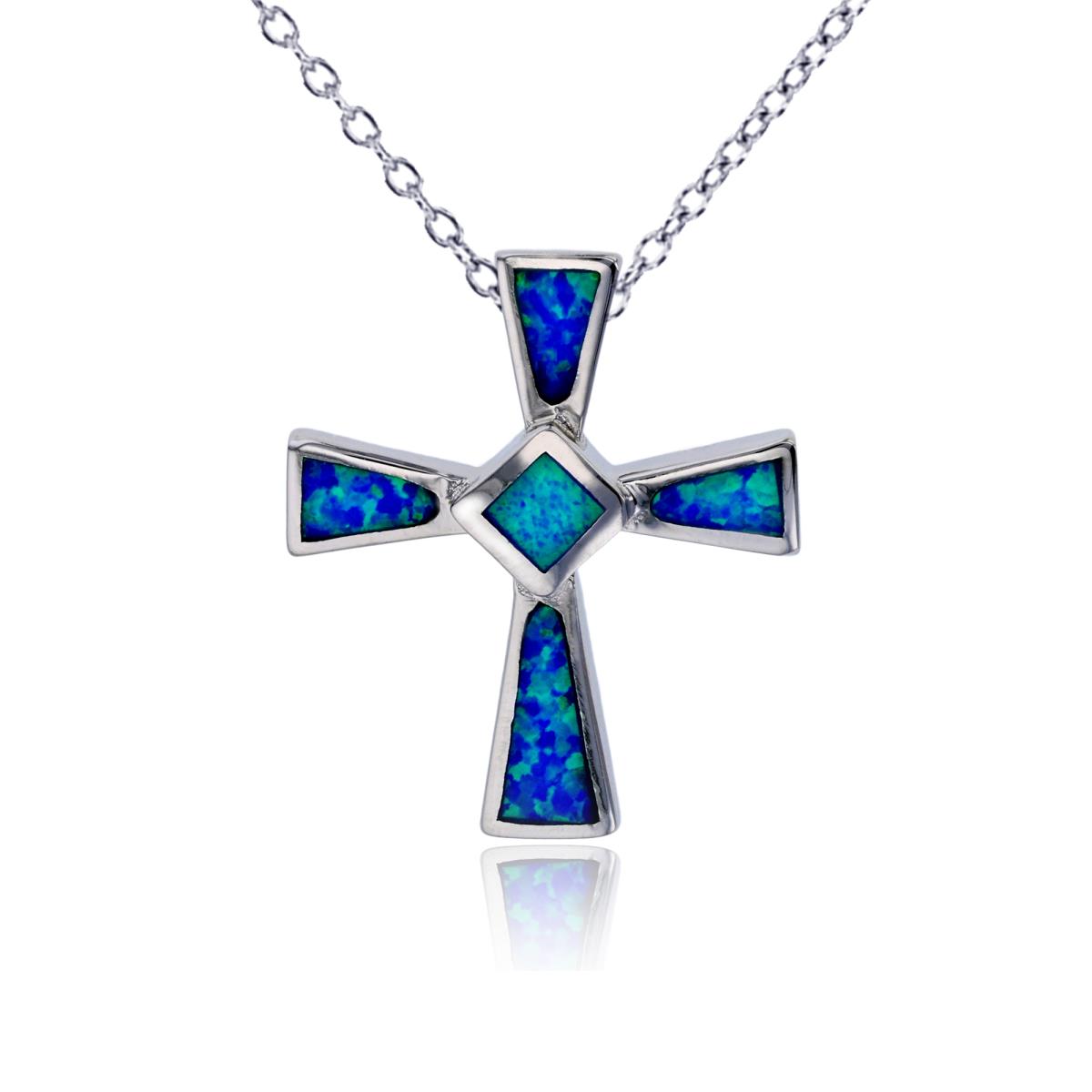 Sterling Silver Rhodium 28x24mm Created Blue Opal Cross 18"+2" Necklace