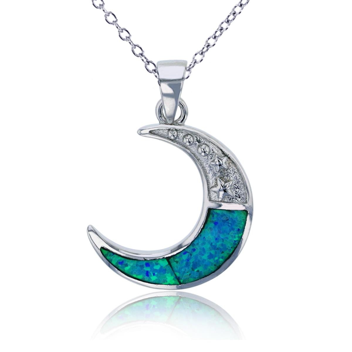 Sterling Silver Rhodium Created Blue Opal Crescent Moon 18"+2" Necklace