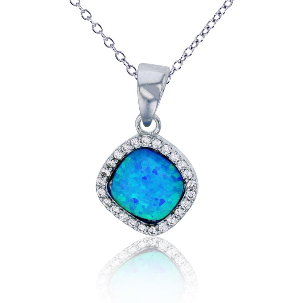 Sterling Silver Rhodium Created Blue Opal & CZ Halo Cushion Shaped 18"+2" Necklace