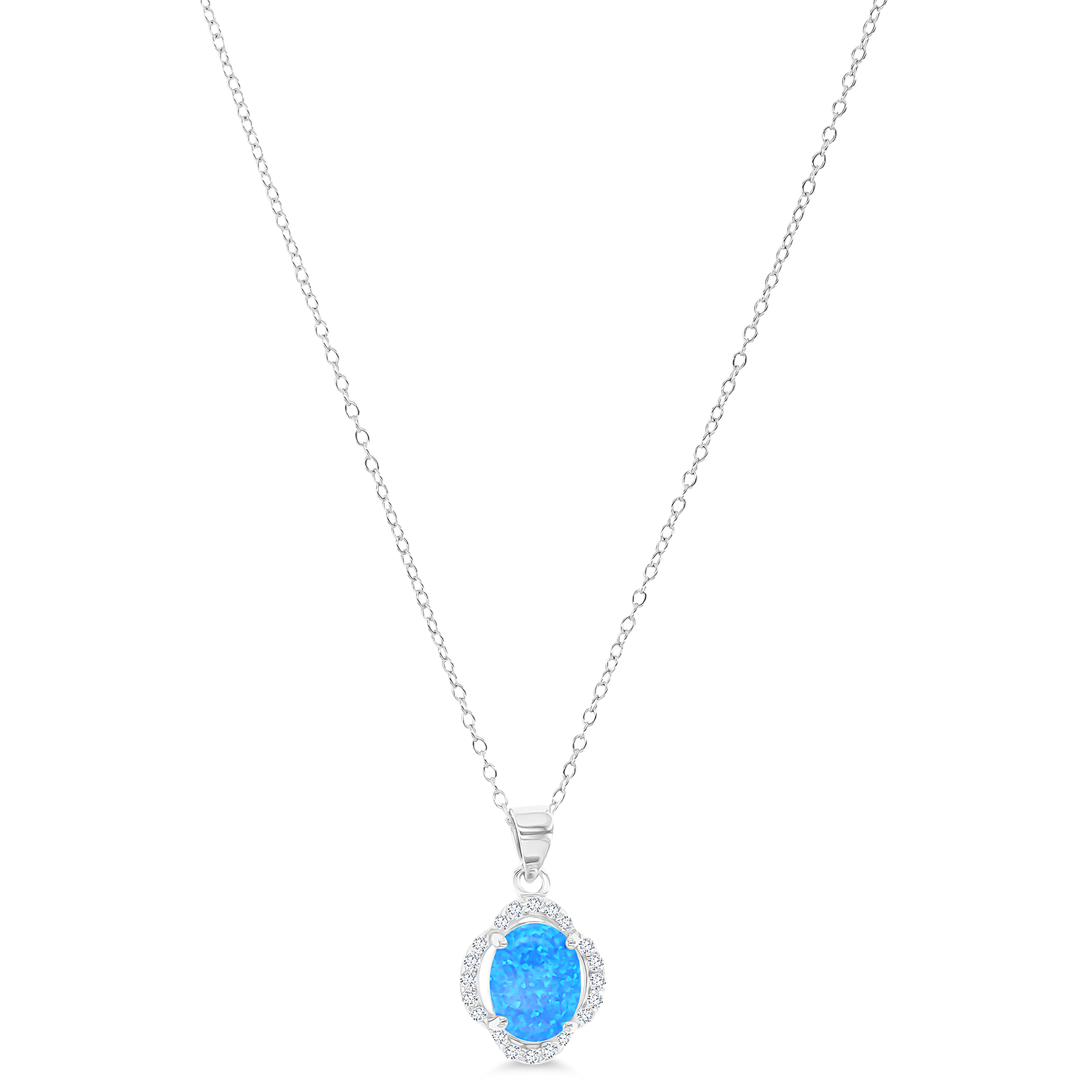 Sterling Silver Rhodium Oval Created Blue Opal & CZ Clover 18"+2" Necklace