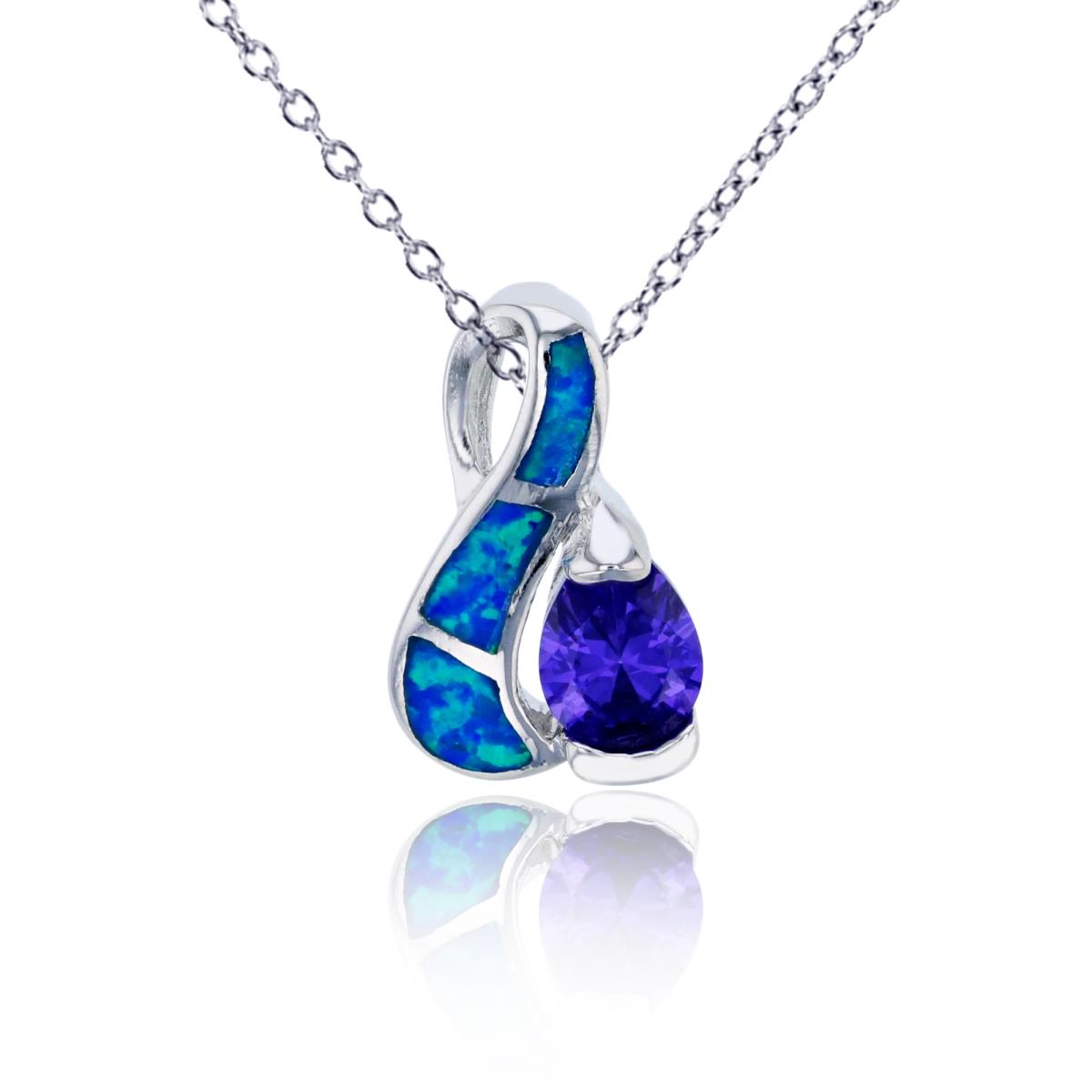 Sterling Silver Rhodium Created Blue Opal & Amethyst CZ Musical Note 18"+2" Necklace