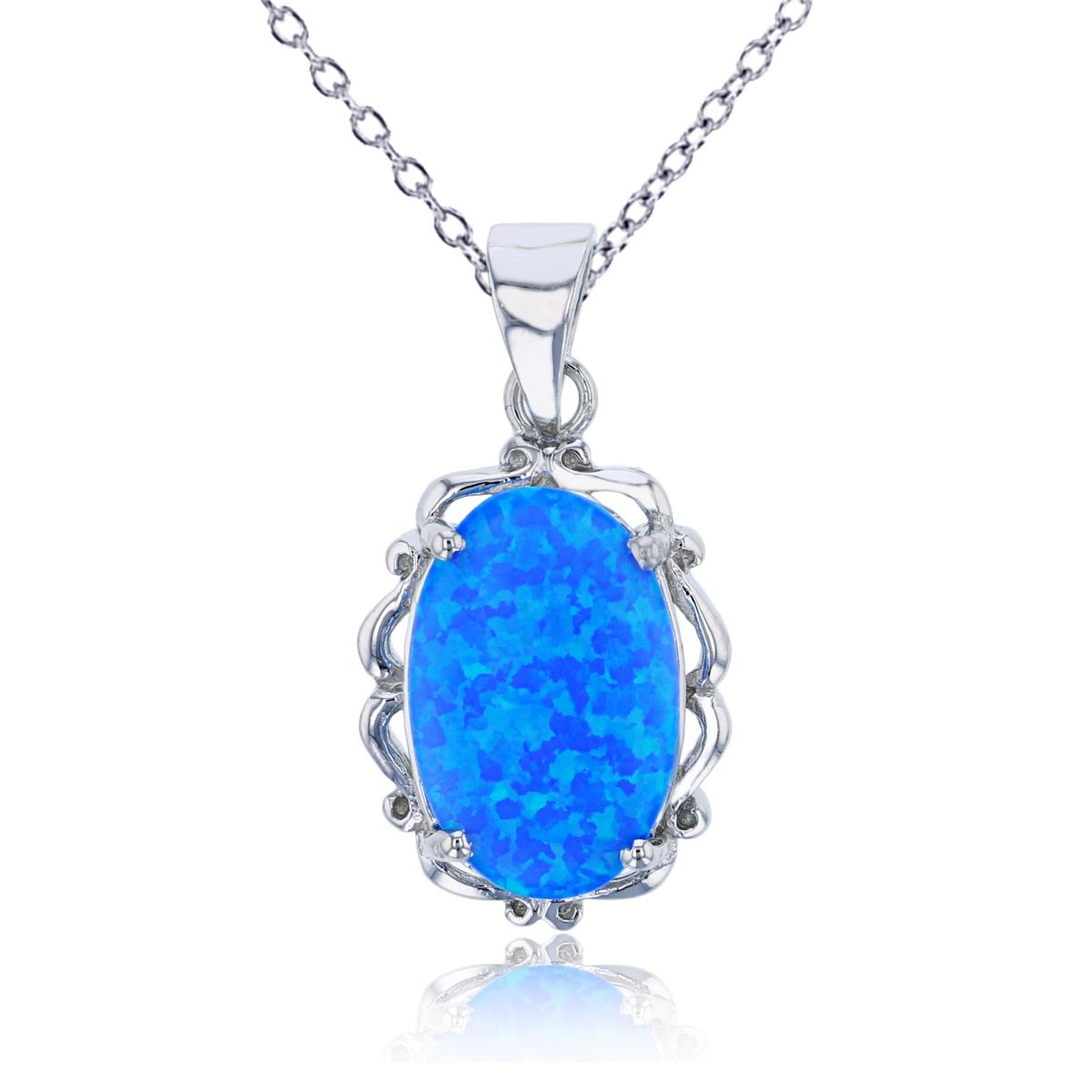 Sterling Silver Rhodium Created Blue Opal Oval 18"+2" Necklace