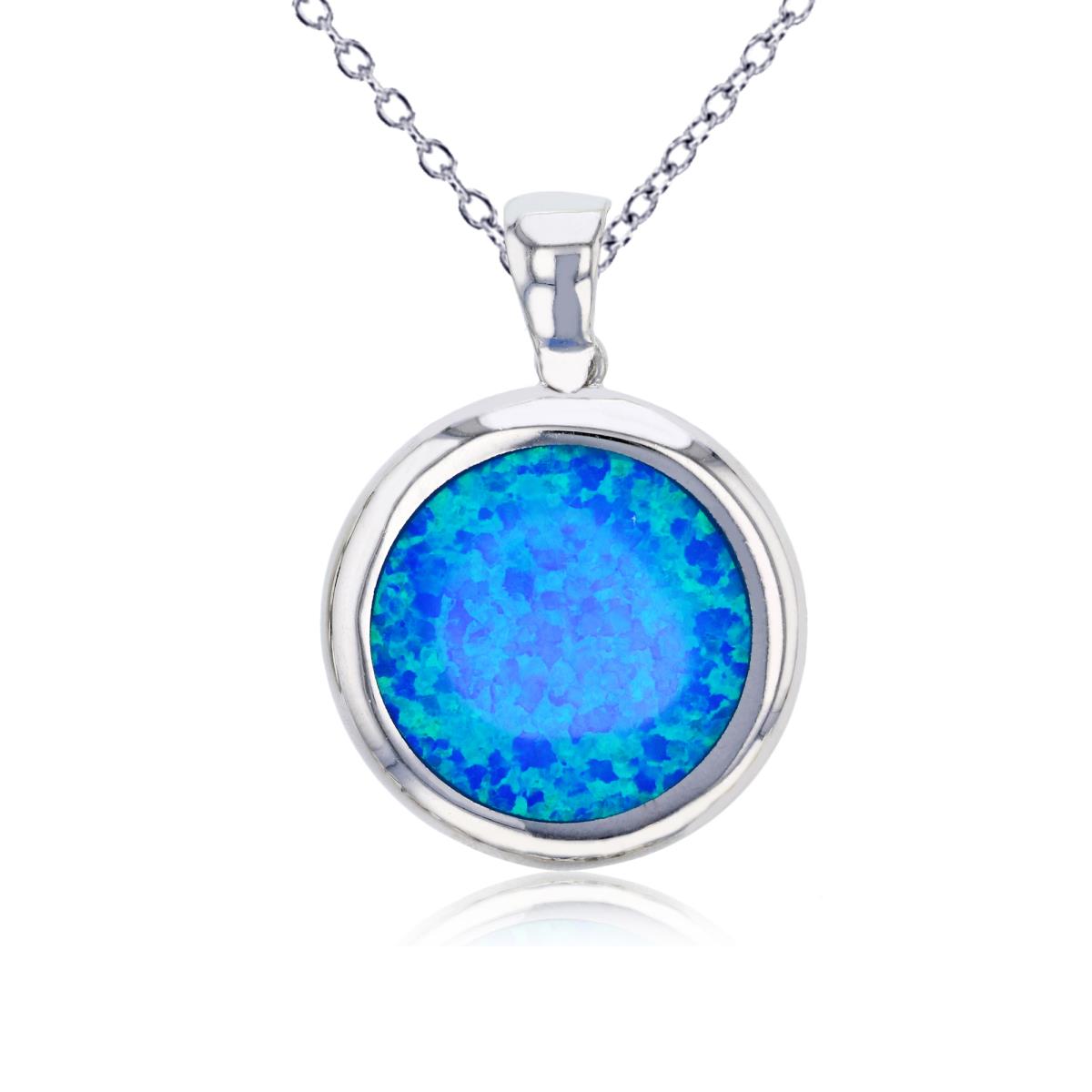 Sterling Silver Rhodium Created Blue Opal Round Bezel 18"+2" Necklace