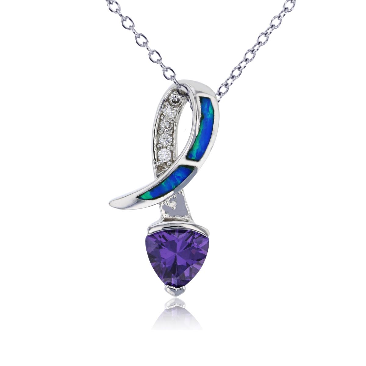 Sterling Silver Rhodium Created Blue Opal White & Amethyst Trillion CZ 18"+2" Necklace