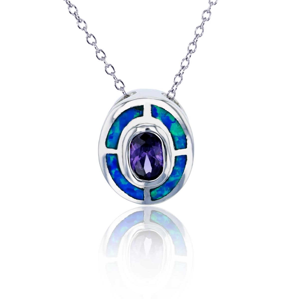 Sterling Silver Rhodium Created Blue Opal & Amethyst CZ Oval 18"+2" Necklace