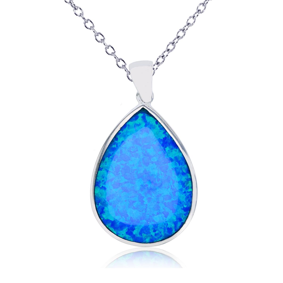 Sterling Silver Rhodium Created Blue Opal Pear Shape 18"+2" Necklace