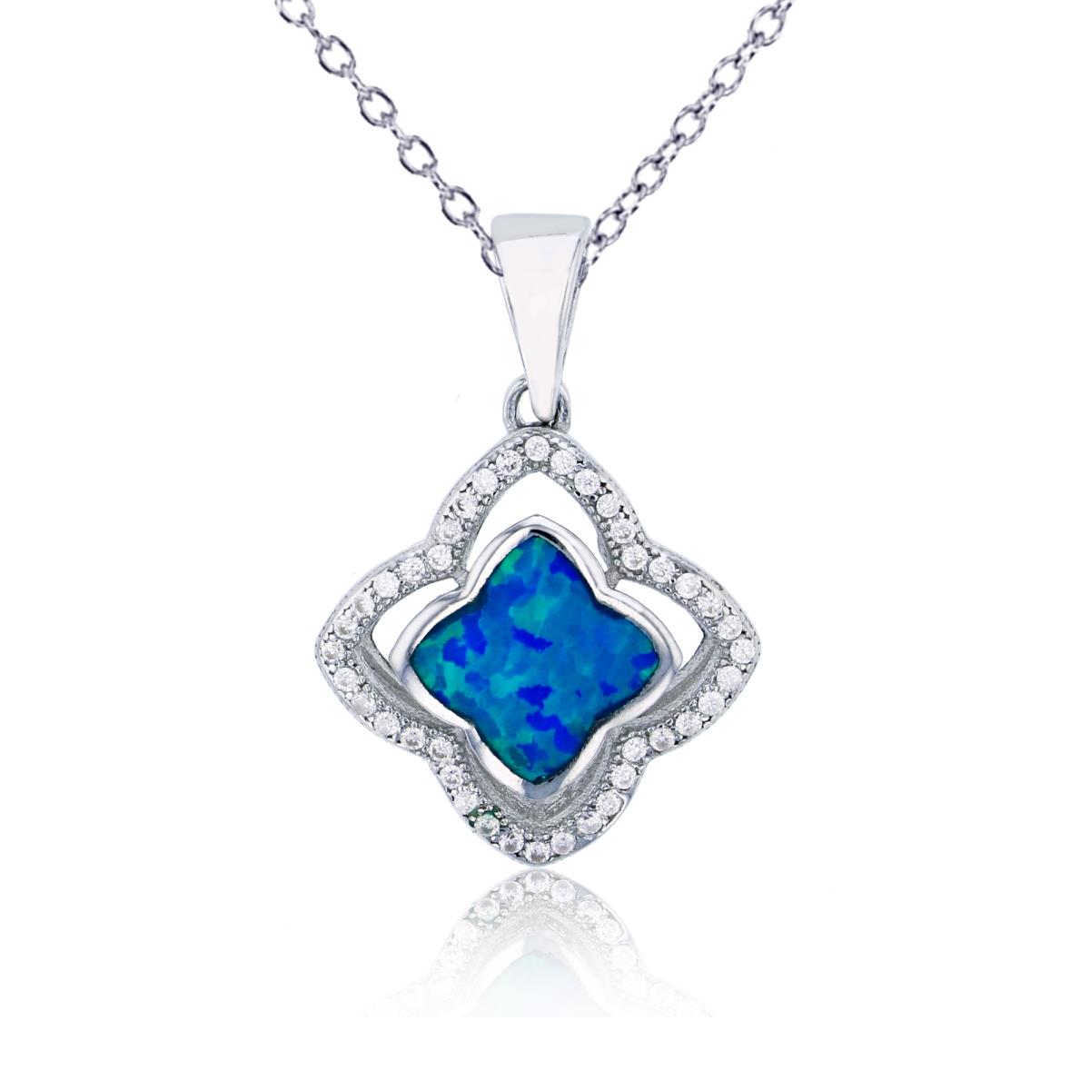 Sterling Silver Rhodium Created Blue Opla & White CZ Clover Halo 18"+2" Necklace