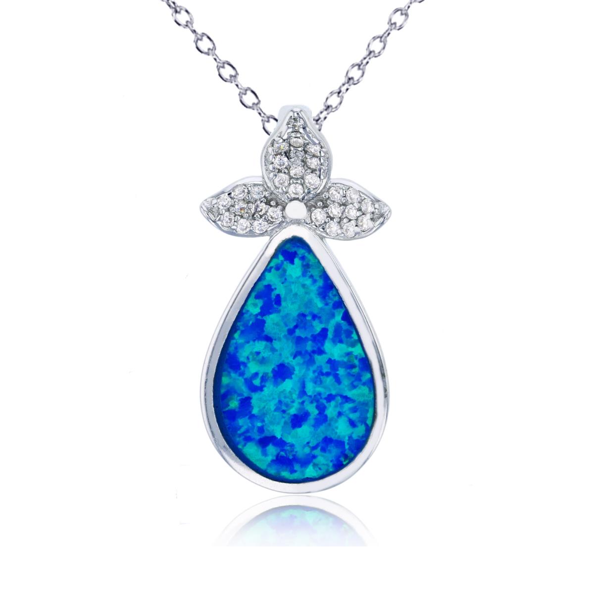 Sterling Silver Rhodium Created Blue Opal & White CZ Pear Shape Flower 18"+2" Necklace
